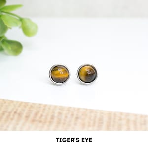 Tiger&#39;s Eye mini stud Earrings, Brown Tiger&#39;s Eye Studs, Protective Stone Accessories, Minimalist Stainless Steel Small Gemstone Jewelry