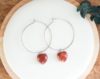 Red Jasper Hoop Earrings, Gemstone Hoop Earring, Bohemian Hoop Earrings, Healing Crystal Earrings, Gift for Her, Stainless Steel jewelry