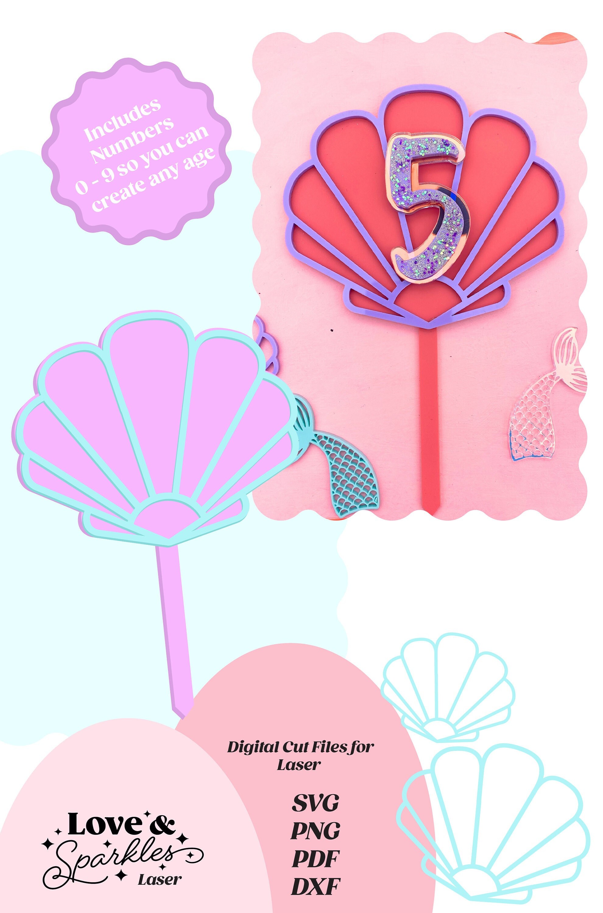 Laser Cut SVG File for Clam Shell Cake Topper Lasercut Acrylic Mermaid