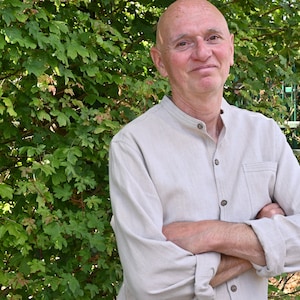 Grandad Shirt w/ Stitch Detail in Nettle, Collarless Mens Shirt, Light Stone