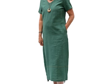 V Neck Dress in 100% Nettle, Jungle Green