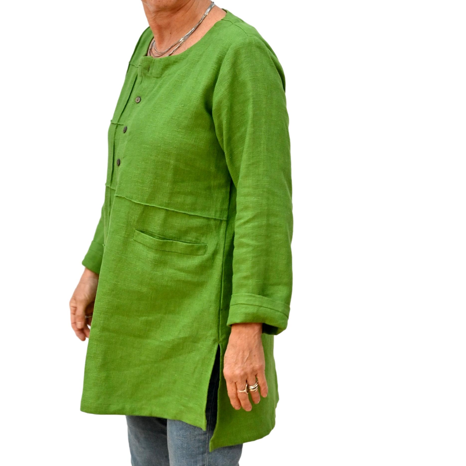 Womans Long Shirt in Nettle, Lime Green, checkered detail