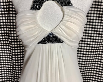 White Gown w/ Black trim, Sequins, Floor Length
