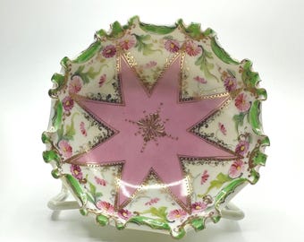 Vintage Hand Painted Floral Gold Gilt Pink Star Porcelain Footed Bowl