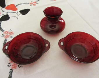 Vintage Anchor Hocking Royal Ruby Red Bowls & Crimped Bud Vase