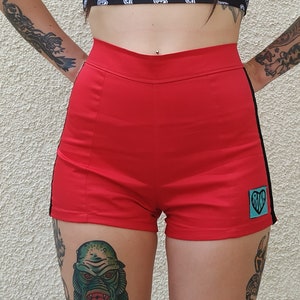 Retro High waisted Booty Shorts in Red with black stripes