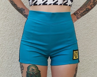 Short booty rétro taille haute en turquoise avec rayures noires