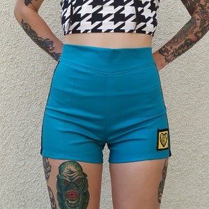 Retro High waisted Booty Shorts in Turquoise with black stripes