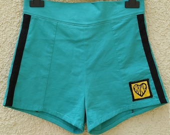 Retro High waisted Booty Shorts in Teal with black stripes