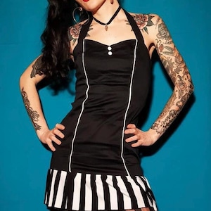 Black Mini Retro Dress with Black and White Stripes