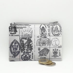 Grey Stamps Geldbörse - Camino de Santiago de Compostela - Jakobsweg Sellos - Pilgergeschenk - Einzigartiges Design - Kleine Reißverschlusstasche