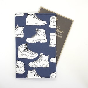Hiking Boots Credential Cover - Pilgrim Gift - Blue Fabric Passport Holder - Way of St. James - Camino de Santiago de Compostela