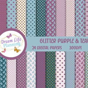 Glitter Purple & Teal Scrapbook Papers | Digital Papers | Star Digital Paper | Junk Journal Supplies | 12x12 Scrapbook Paper | Papercraft
