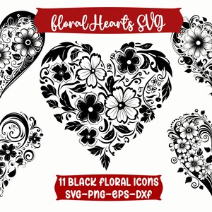 Black Floral Heart Svg Bundle, Heart Svg Bundle, Valentine Svg, Cricut DXF, PNG, EPS, Heart Svg, Cutting Machine Files, Floral Heart Png
