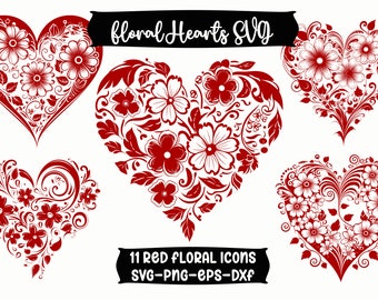 Red Floral Heart Svg Bundle, Heart Svg Bundle, Valentine Svg, Cricut DXF, PNG, EPS, Heart Svg, Cut Files, Floral Heart Png, Vector Files