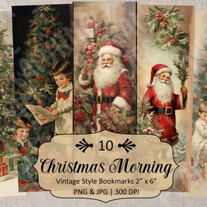 10 Vintage Style Christmas Morning Printable Bookmarks, Santa Bookmark, Printable Bookmarks, PNG Bookmark Sublimation, JPG Bookmark Sheets