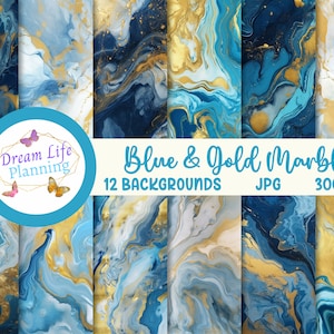 Blue & Gold Marble Papers | Marble Papers | Marbled Digital Paper | Marbled Paper Art | Marbled Paper Sheet | Gold Marble Digital Paper
