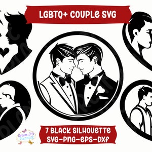 LGBTQ Gay Male Couple Silhouette SVG Set, Lgbt Couple, Gay Wedding svg, Same-sex Couple, Vector Files, Png, Dxf, Eps, Lgbt Groom Clipart