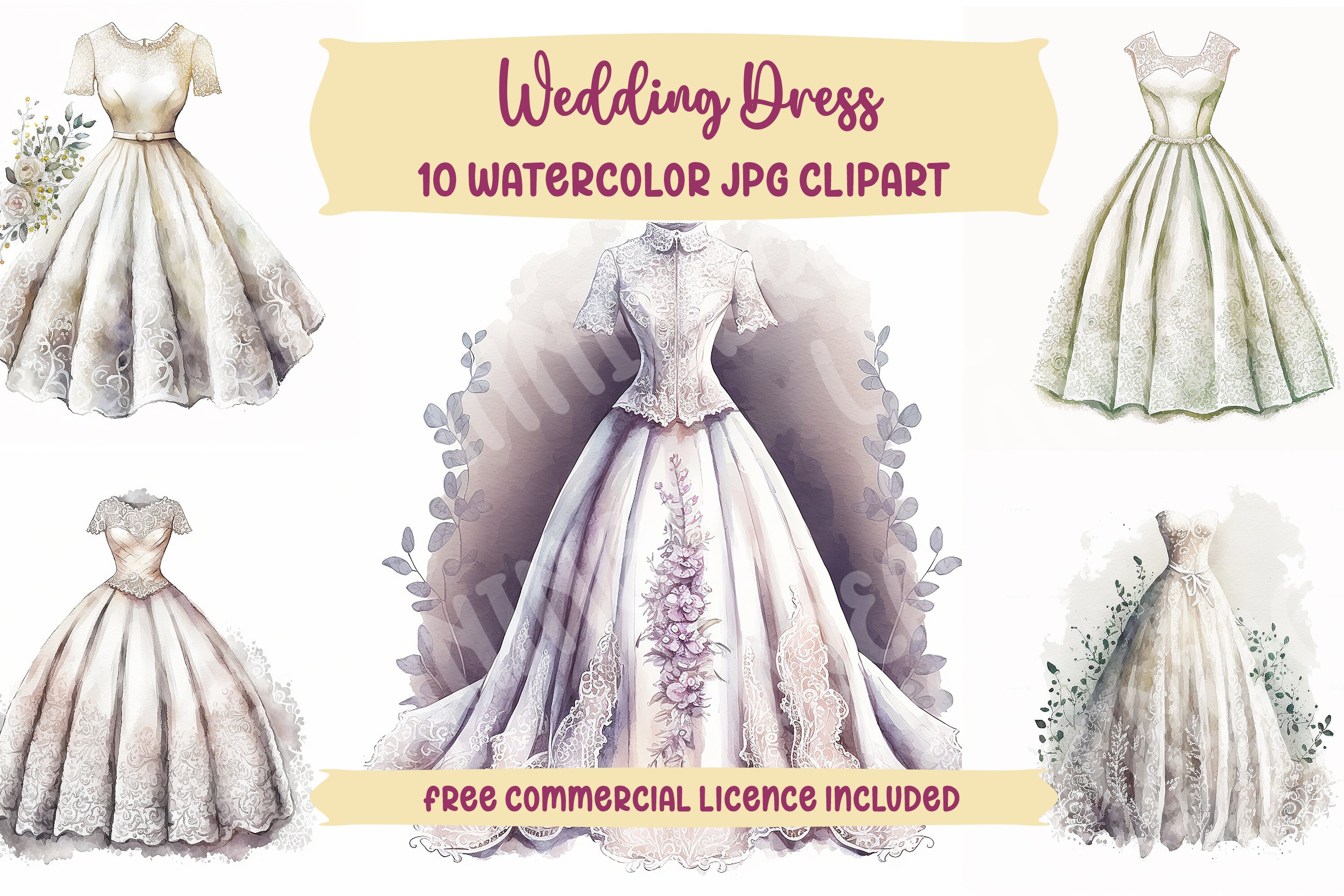 Wedding Dress Watercolor Clipart Bride Illustration Clipart Bride-to-be ...