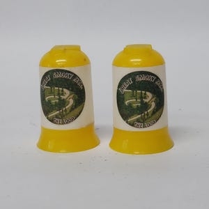 Smoky Mountain Souvenir Salt and Pepper Shaker Set Vintage Yellow Small Plastic Great Smoky Mtn The Loop