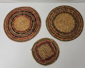 Vintage Set of 3 Raffia Straw Oval Colorful Trivets, Wicker Rattan ...