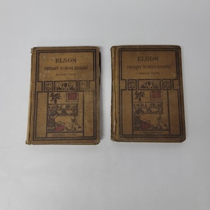 1913 Elson Primary Reader Set Vintage Book One and Two Illustrated Brown School 2 Textbooks