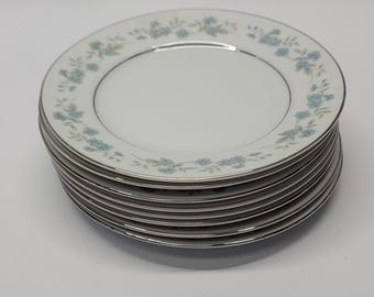 8 Crest Wood China Bread Plates Blue Floral 6 1/4&quot; Small Plate Flower Pattern Vintage Crestwood Silver Rim Set