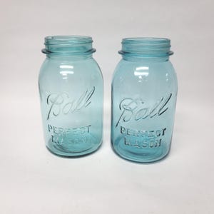 2 Ball Perfect Mason Quart Jars 2 and 14 Blue Glass Vintage 1920s 1930s Blue Aqua Canning Jar Lot