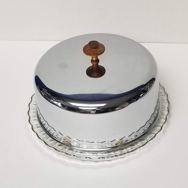 Cake Saver Glass Plate Vintage Silver Chrome Wood Handle 10" Cake Carrier Cover