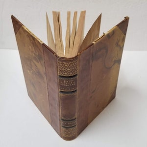 Puede incluir: Un libro antiguo con una cubierta de cuero marr&oacute;n, abierto para mostrar sus p&aacute;ginas envejecidas. El lomo presenta letras doradas y patrones decorativos. La cubierta del libro est&aacute; desgastada.