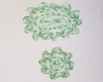 2 Handmade Crochet Lace Doilies Vintage Green White Lacy Doily Set