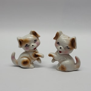 Dog Salt and Pepper Shaker Figurines Vintage Made in Japan Brown and White Spotted Blushing Smiling Puppy Cork Stoppers