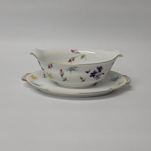 Charm Cherry China Gravy Boat Floral Vintage Gravy Boat and Attached Underplate with Gold Rim