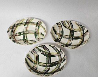 Juego de 3 cuencos ovalados vintage de estilo moderno de mediados de siglo con estampado abstracto de cuadros verdes, ideales para sopa o cereales.