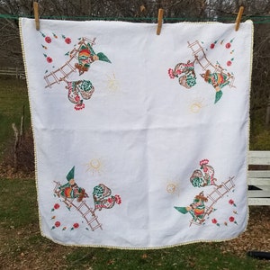 Rooster Tablecloth Vintage Embroidered Small 33&quot; Square Crochet Lace Edge