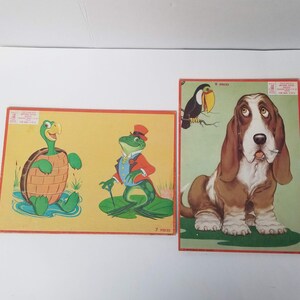 2 Milton Bradley Cardboard Puzzles Vintage Beginner Preschooler Puzzle Lot 1964 Frog Turtle and 1958 Puppy Dog