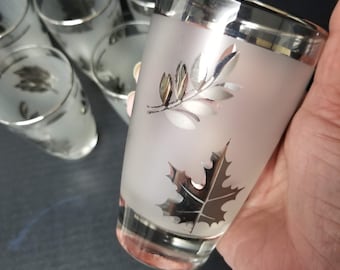 6 Libbey Glasses Vintage Frosted Silver Leaf Foliage 8 Ounce MCM Water Drinking Glass Set