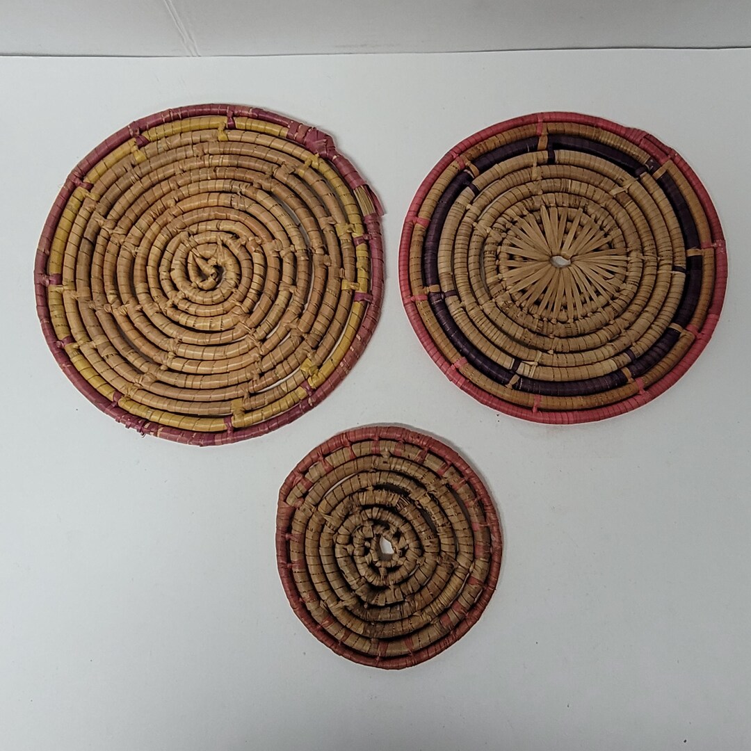 3 Straw Trivets Pink Purple Round Coil Rattan Vintage Hot Pads Boho ...