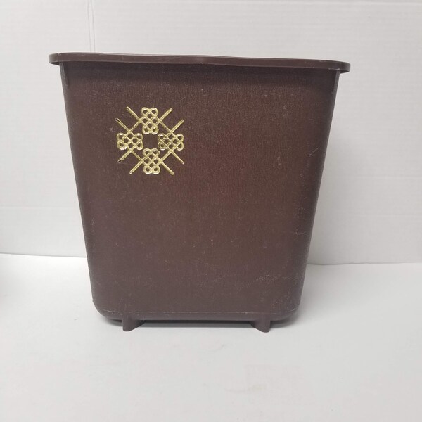 Max Klein Small Trash Can Vintage Brown Plastic Gold Mod Waste Paper Tissue Basket with Short Legs