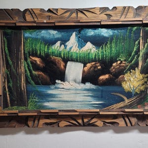 Black Velvet Landscape Painting Vintage 24x15 Waterfall Textured Wall Hanging in Carved Wood Frame
