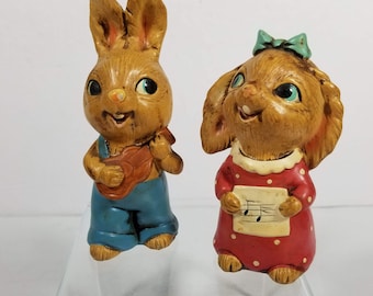 2 Rabbit Figurines Vintage Made in Japan Boy and Girl Bunnies Playing Banjo and Singing