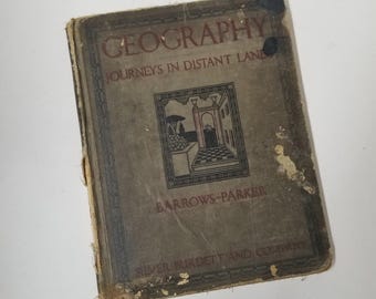 1924 Geography Journeys in Distant Lands Vintage School Textbook by Harlan Barrows Illustrated World Map