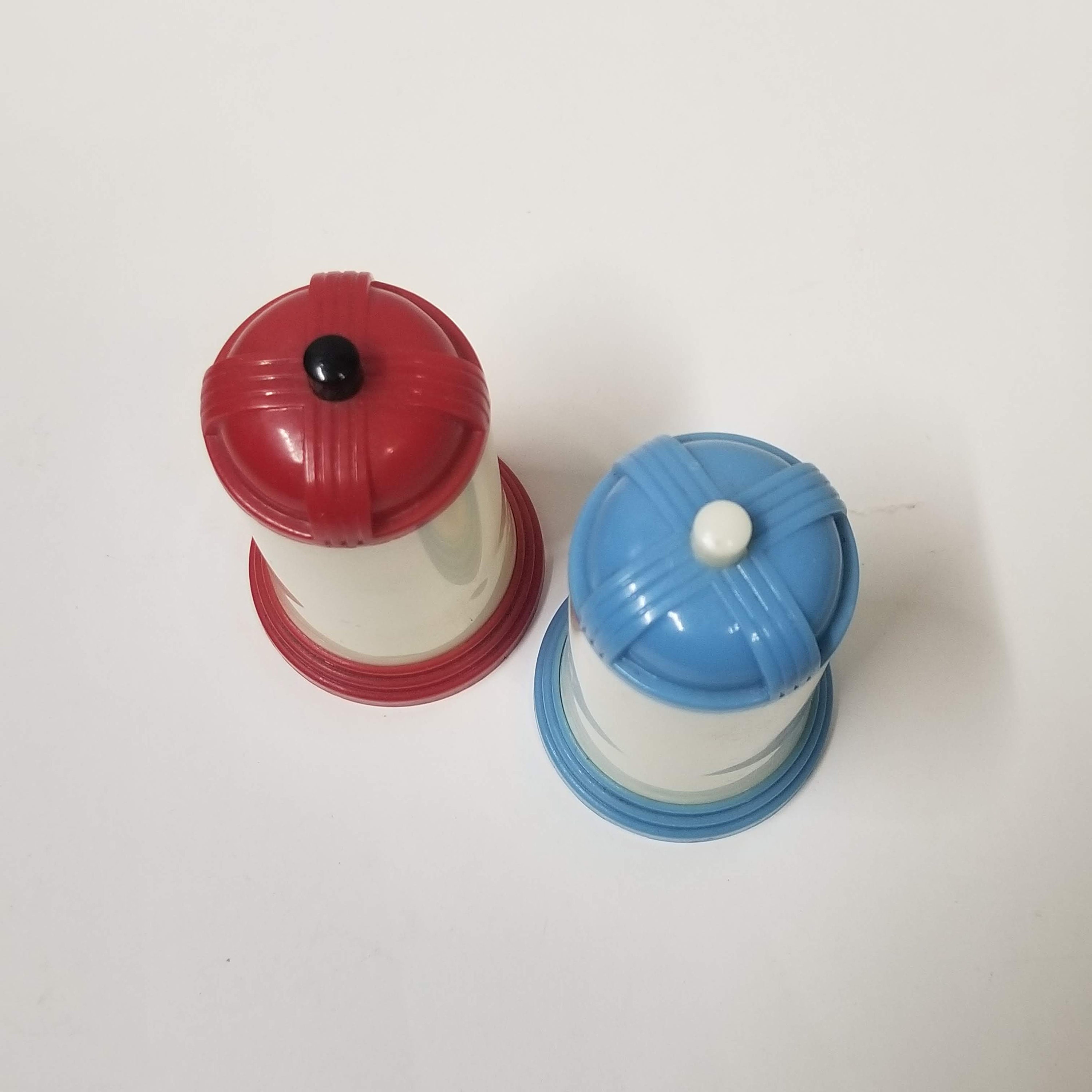 Salt and Pepper Shaker Push Button Set Vintage 1940s Red Blue pic