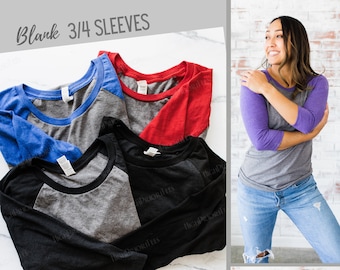 Blank Raglan Baseball Style Shirts - Plain Raglan 3/4 Sleeve T Shirts - Baseball Tees - Soft Triblend Colored Sleeve Shirts - Super Soft Tee