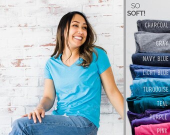 Turquoise Ladies V Neck - And other Colors - Soft Triblend Ladies T Shirts - Plain Blue Shirt - Blank Clothing - Tees FREE SHIPPING Eligible