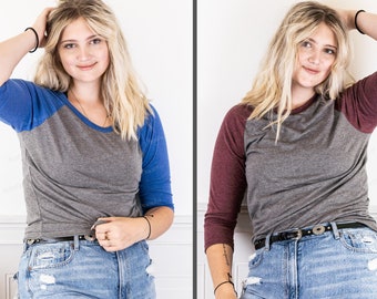 3/4 Sleeves TriBlend - Soft Baseball Shirts Plain for DIY - Blank 3/4 Sleeves - Raglans with Colored Sleeves - Maroon Blue Gray or Others