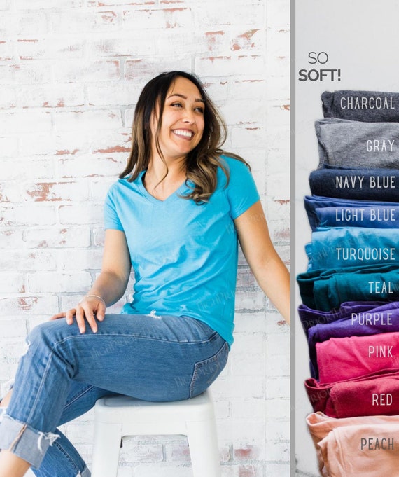 Turquesa con cuello en V para mujer y otros colores Camisetas de mujer con trimezcla suave Camisa azul lisa Ropa en blanco Camisetas ENVIO GRATUITO Etsy Mexico