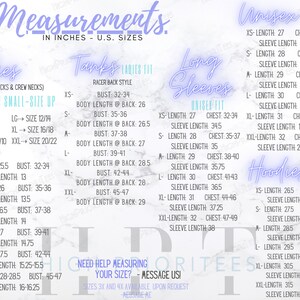 May include: A size chart for women's and unisex clothing, including tank tops, long-sleeved shirts, and hoodies. The chart lists sizes, bust measurements, sleeve lengths, and chest measurements in inches. The chart also includes a note that the women's sizes run small and suggests sizing up.