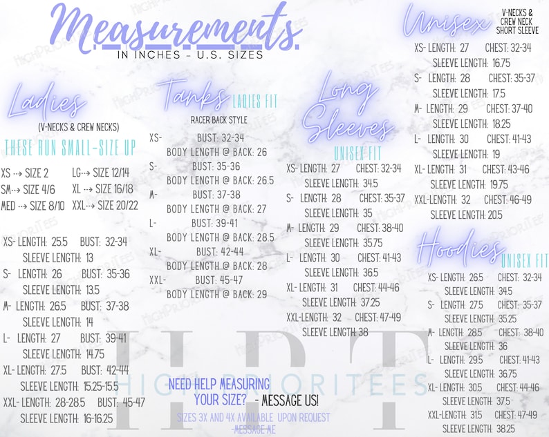 May include: A size chart for women's and unisex clothing, including tank tops, long-sleeved shirts, and hoodies. The chart lists sizes, bust measurements, sleeve lengths, and chest measurements in inches. The chart also includes a note that the women's sizes run small and suggests sizing up.