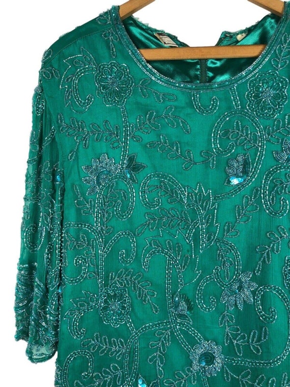 Vintage 1980s Beaded Evening Top Green Heavily Em… - image 2